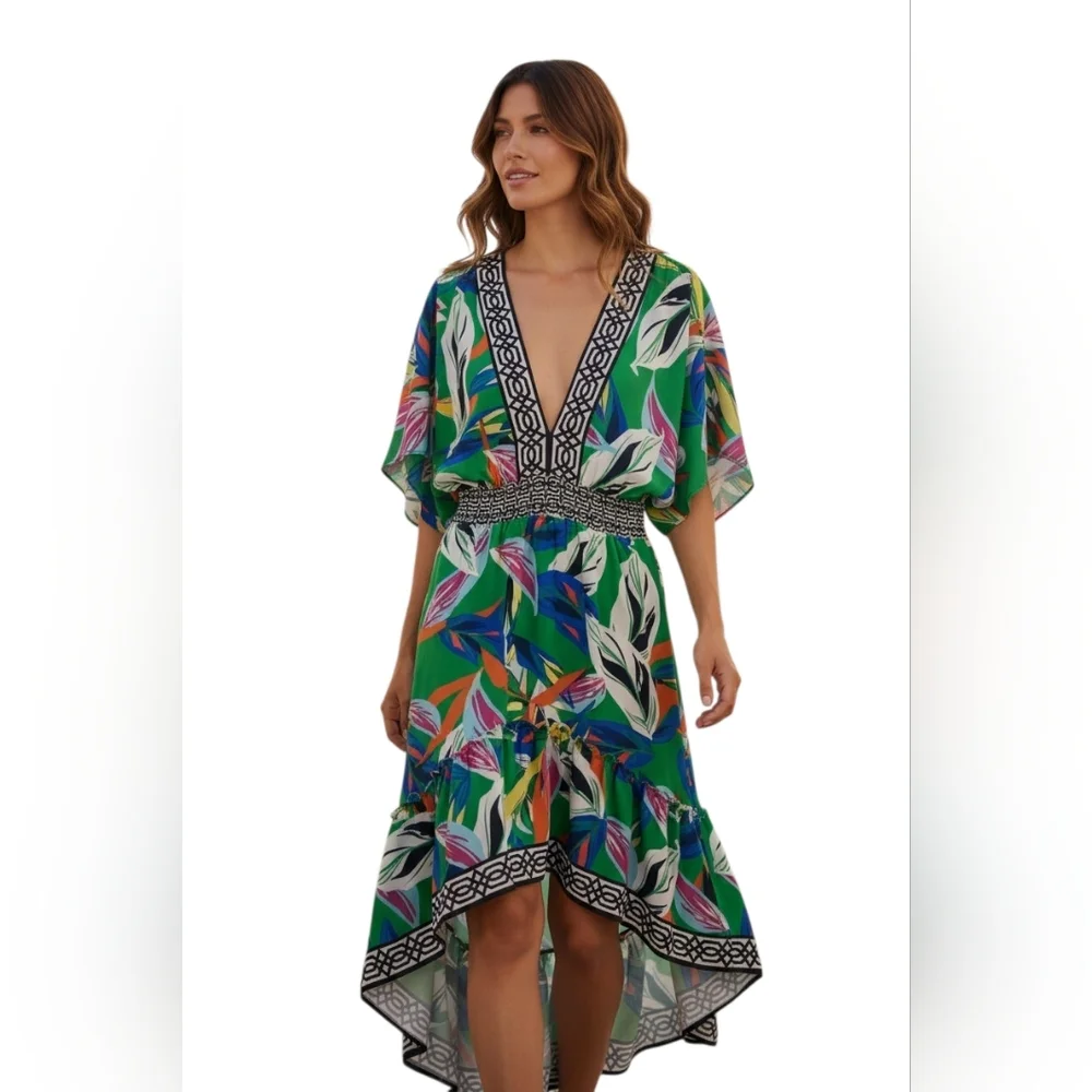 Flying Tomato Dress V-Neck Hi-Lo Floral Elasticized Waist Flowy Tropical Print - Picture 12 of 13